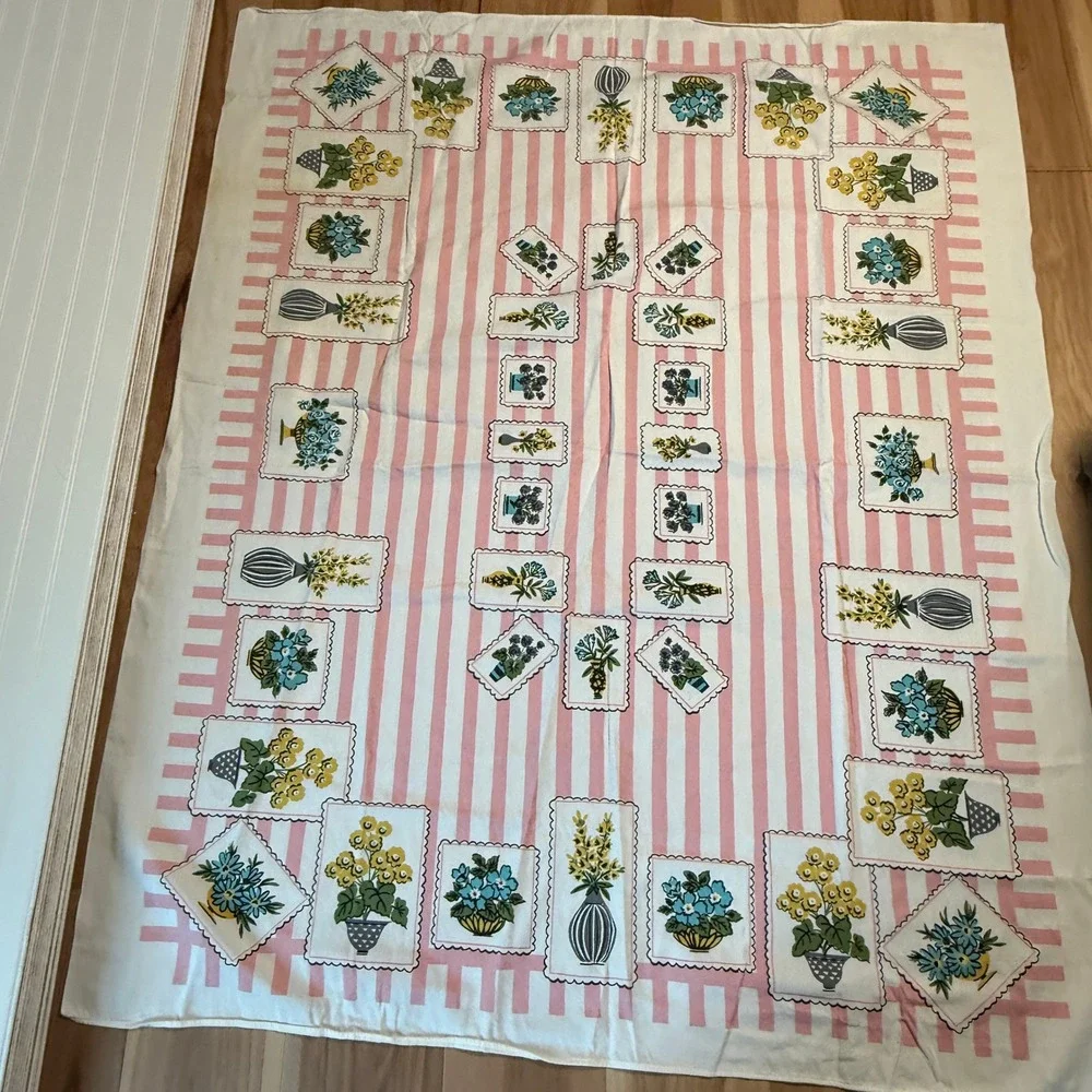 Vintage Floral Striped Tablecloth Pink White Botanical MCM 50x65 Cottagecore